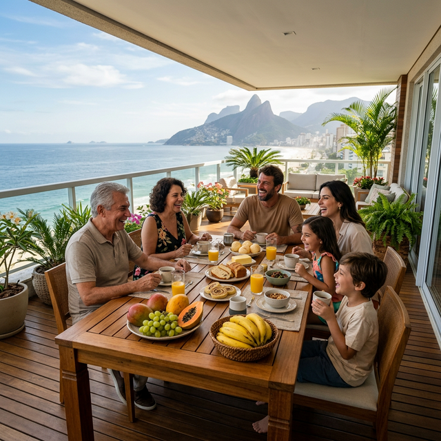 Família feliz tomando café da manhã na sacada