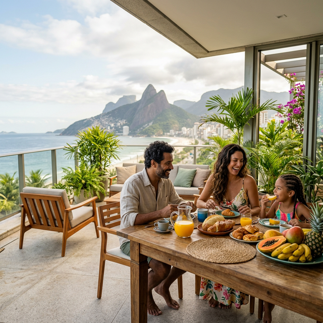 Família feliz tomando café da manhã na sacada